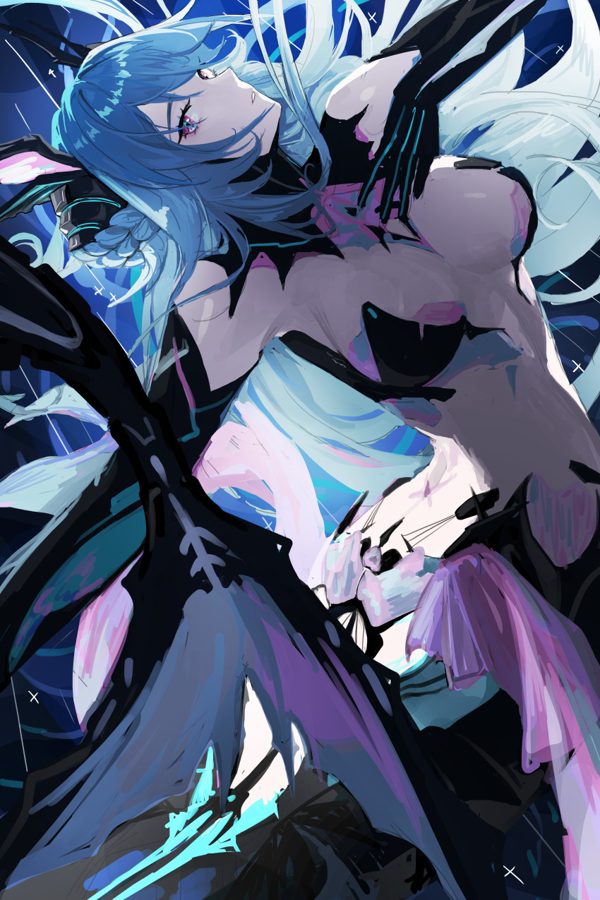 1girl, absurdres, aqua_hair, armpits, bare_shoulders, bikini, black_bikini, blue_hair, braid, breasts, cleavage, commentary, fins, hair_between_eyes, hair_ornament, head_fins, highres, lamia:_lost_lullaby_(pgr), lamia_(pgr), large_breasts, long_hair, looking_at_viewer, mechanical_tail, mermaid, midriff, monster_girl, outstretched_arm, parted_lips, punishing:_gray_raven, purple_eyes, shell, shell_hair_ornament, shrimpun, sidelocks, solo, strapless, strapless_bikini, swimsuit, tail, twisted_torso, very_long_hair