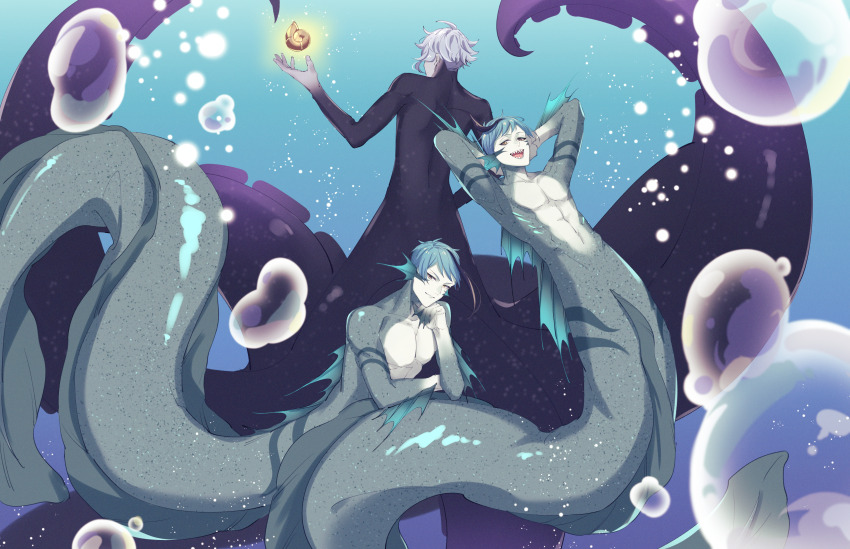 3boys, absurdres, air_bubble, arms_behind_head, azul_ashengrotto, azul_ashengrotto_(octopus), blue_hair, blue_skin