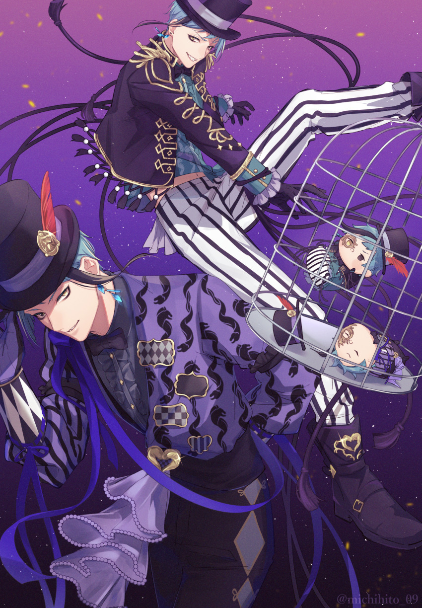 2boys, birdcage, black_jacket, blue_hair, boots, brothers, brown_eyes, cage