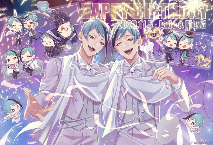 2boys, absurdres, blue_hair, brothers, brown_eyes, chibi, chibi_inset, commentary_request