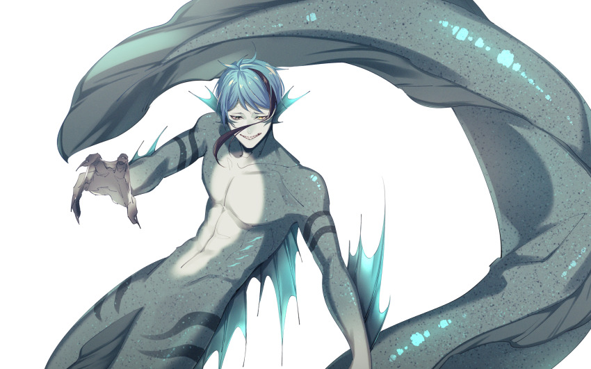 1boy, blue_hair, commentary_request, eel_boy, fingernails, fins, grin, head_fins, highres, jade_leech, jade_leech_(eel), looking_at_viewer, male_focus, michihito, monster_boy, sharp_fingernails, sharp_teeth, short_hair, simple_background, smile, solo, teeth, twisted_wonderland, webbed_hands, white_background