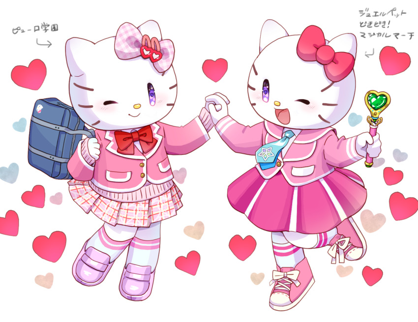 2girls, alternate_costume, animal_ears, bag, bow, cat_ears, cat_girl, commentary_request