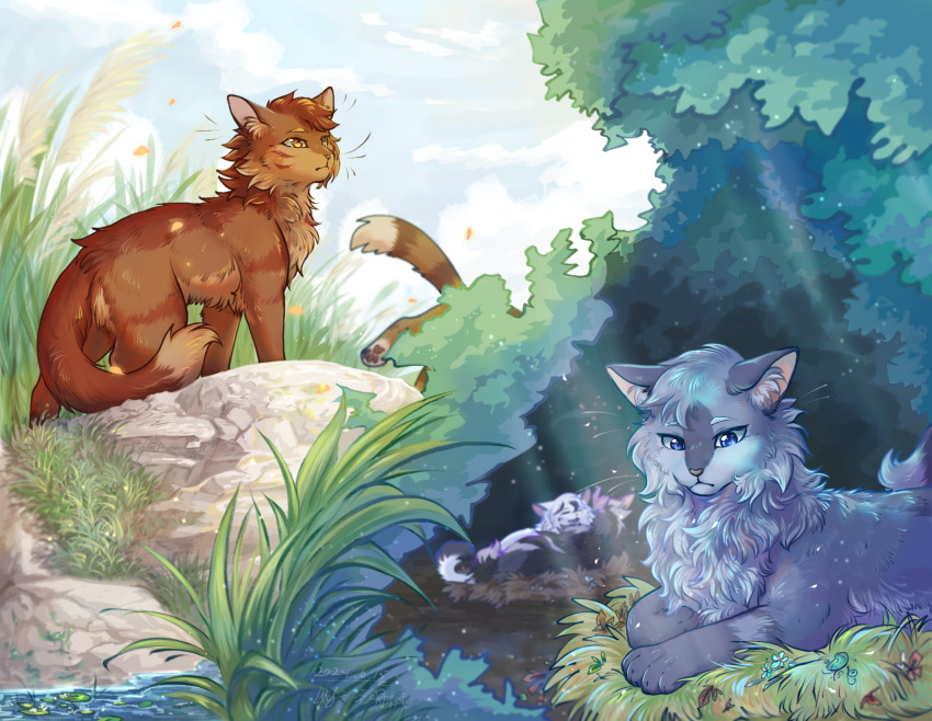 animal, animal_focus, blue_eyes, bluestar_(warrior_cats), brown_cat, brown_fur, cat, chinese_commentary, commentary_request, crookedstar, day, grass, highres, in-universe_location, light_rays, looking_down, morningmaple09531, nature, no_humans, oakheart, outdoors, rock, scenery, sky, snowfur, the_prophecies_begin, thistleclaw, variant_set, warrior_cats, water