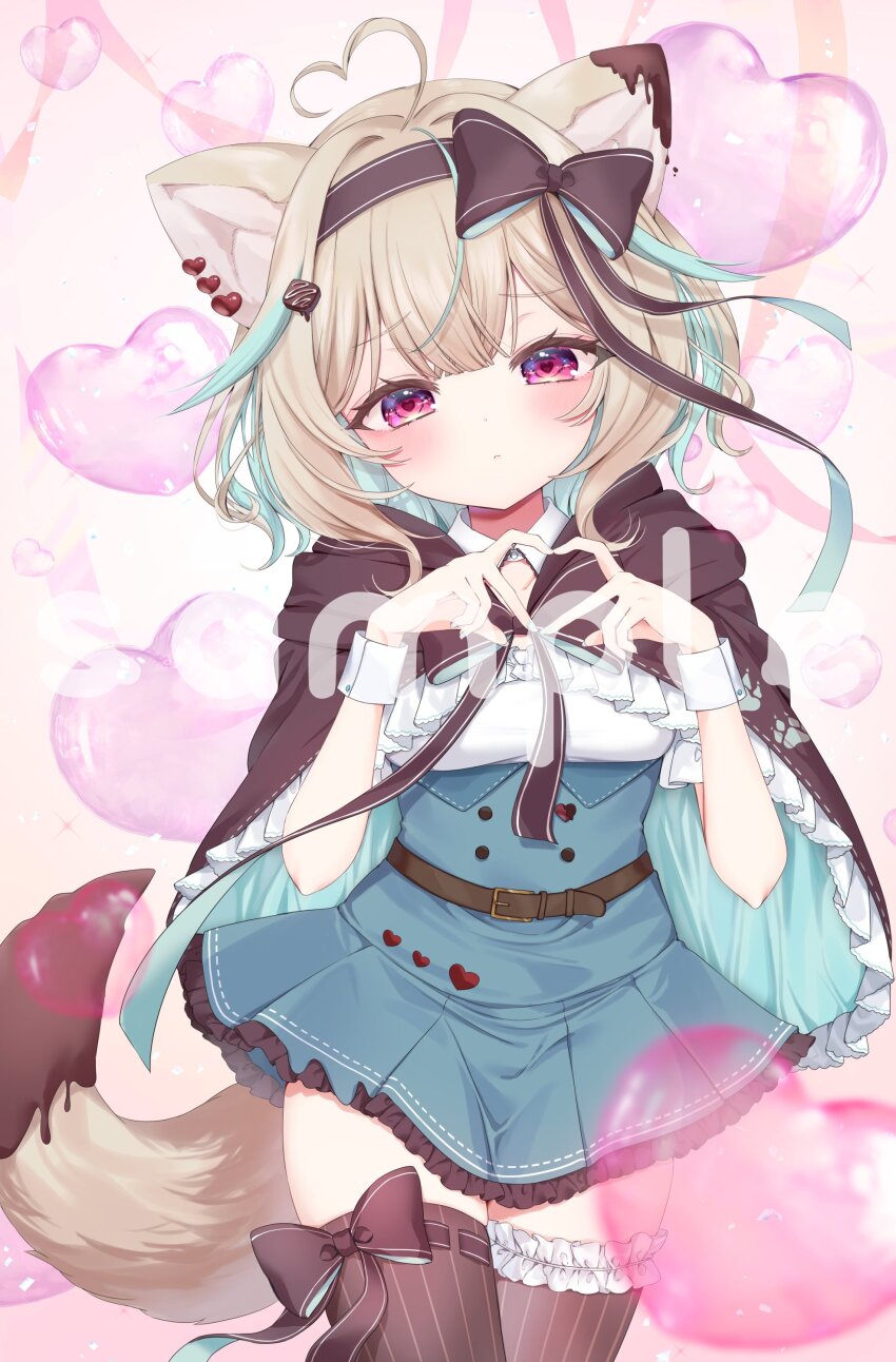 1girl, absurdres, ahoge, amakami_konomi, animal_ears, blue_skirt, blush, bow