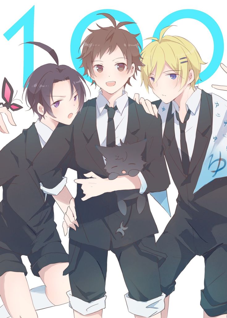 3boys, ahoge, alicein_misono, all_of_love, all_of_love_(butterfly_form), black_shorts, blonde_hair, blue_eyes