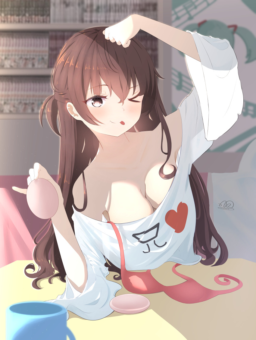 >_o, 1girl, absurdres, bra, breast_padding, breasts, brown_eyes, brown_hair