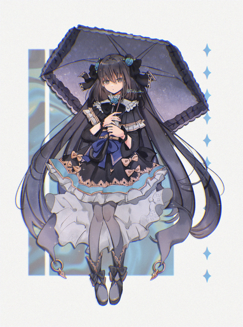 1girl, absurdres, arcaea, arm_cutout, black_bow, black_dress, black_eyes, black_footwear