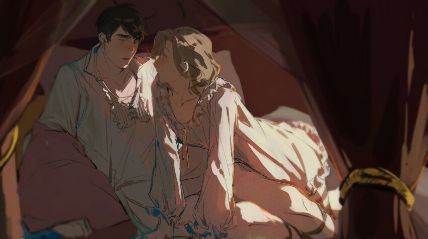 2boys, ahoge, axis_powers_hetalia, bed, blonde_hair, brown_hair, curtains, france_(hetalia)