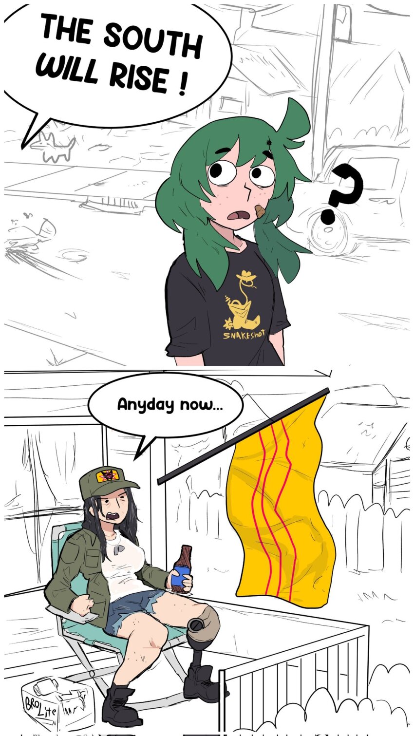 2girls, ?, bags_under_eyes, bandaid, bandaid_on_face, beer_bottle, black_eyes, black_footwear, black_shirt, blue_shorts, boots, bottle, box, breasts, brown_hat, brown_jacket, bush, car, cardboard_box, chair, denim, denim_shorts, dog, english_text, fence, flag, folding_chair, freckles, glass_bottle, hat, highres, holding, holding_bottle, house, jacket, japvs, large_breasts, last_origin, long_sleeves, motor_vehicle, multiple_girls, no_pupils, on_chair, open_clothes, open_jacket, open_mouth, original, prosthesis, prosthetic_leg, shirt, short_shorts, short_sleeves, shorts, shouting, sitting, south_vietnamese_flag, suburb, t-shirt, trash, utility_pole, vietnam_war, white_shirt, window, wooden_fence, wooden_porch