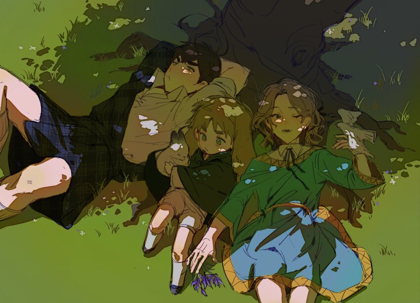 3boys, against_tree, aged_down, ahoge, animal_ears, axis_powers_hetalia, bird, bird_on_hand