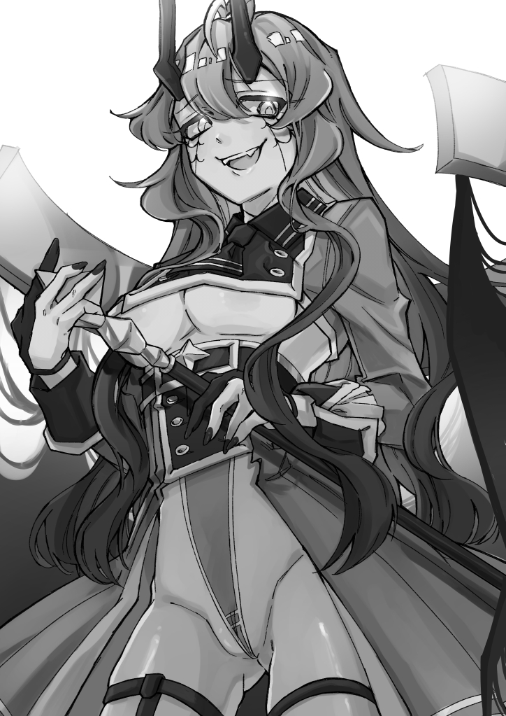 1girl, breasts, covered_navel, cowboy_shot, fang, fingernails, fuurinura, gluteal_fold