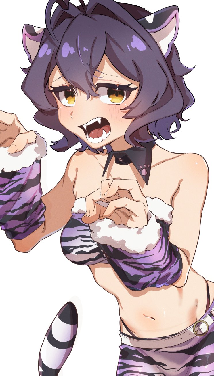 1girl, animal_ears, animal_print, arms_up, bare_shoulders, black_hair, breasts, cat_ears, cat_girl, cat_tail, curly_hair, detached_collar, detached_sleeves, fangs, fuurinura, highres, hiiragi_utena, leopard_girl, leopard_print, looking_at_viewer, magia_baiser, mahou_shoujo_ni_akogarete, medium_breasts, multicolored_hair, narrow_waist, navel, simple_background, small_breasts, solo, strapless, tail, two-tone_hair, white_background, yellow_eyes