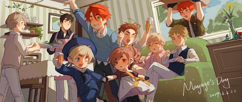 1girl, 6+boys, ahoge, apron, australia_(hetalia), axis_powers_hetalia, bandaid, bandaid_on_face