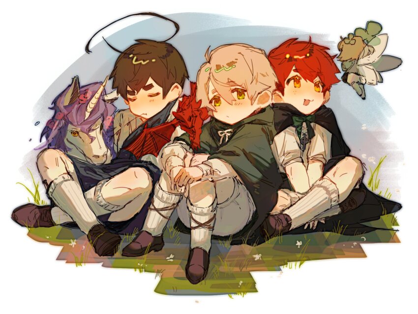 1other, 3boys, aged_down, ahoge, arms_on_knees, axis_powers_hetalia, between_legs, blonde_hair