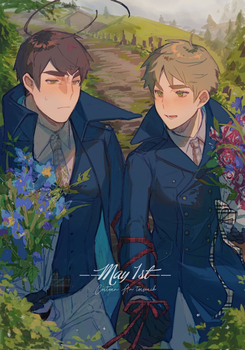 2boys, ahoge, anger_vein, axis_powers_hetalia, black_gloves, blonde_hair, blue_coat, bound, bound_arms, bound_together, bouquet, brothers, brown_hair, checkered_ribbon, coat, collared_shirt, cowboy_shot, flower, gloves, grass, green_eyes, highres, hill, holding, holding_bouquet, huge_ahoge, krank327, looking_at_another, male_focus, multiple_boys, necktie, open_mouth, outdoors, path, road, scotland_(hetalia), shirt, short_hair, siblings, smile, sweatdrop, thick_eyebrows, united_kingdom_(hetalia)