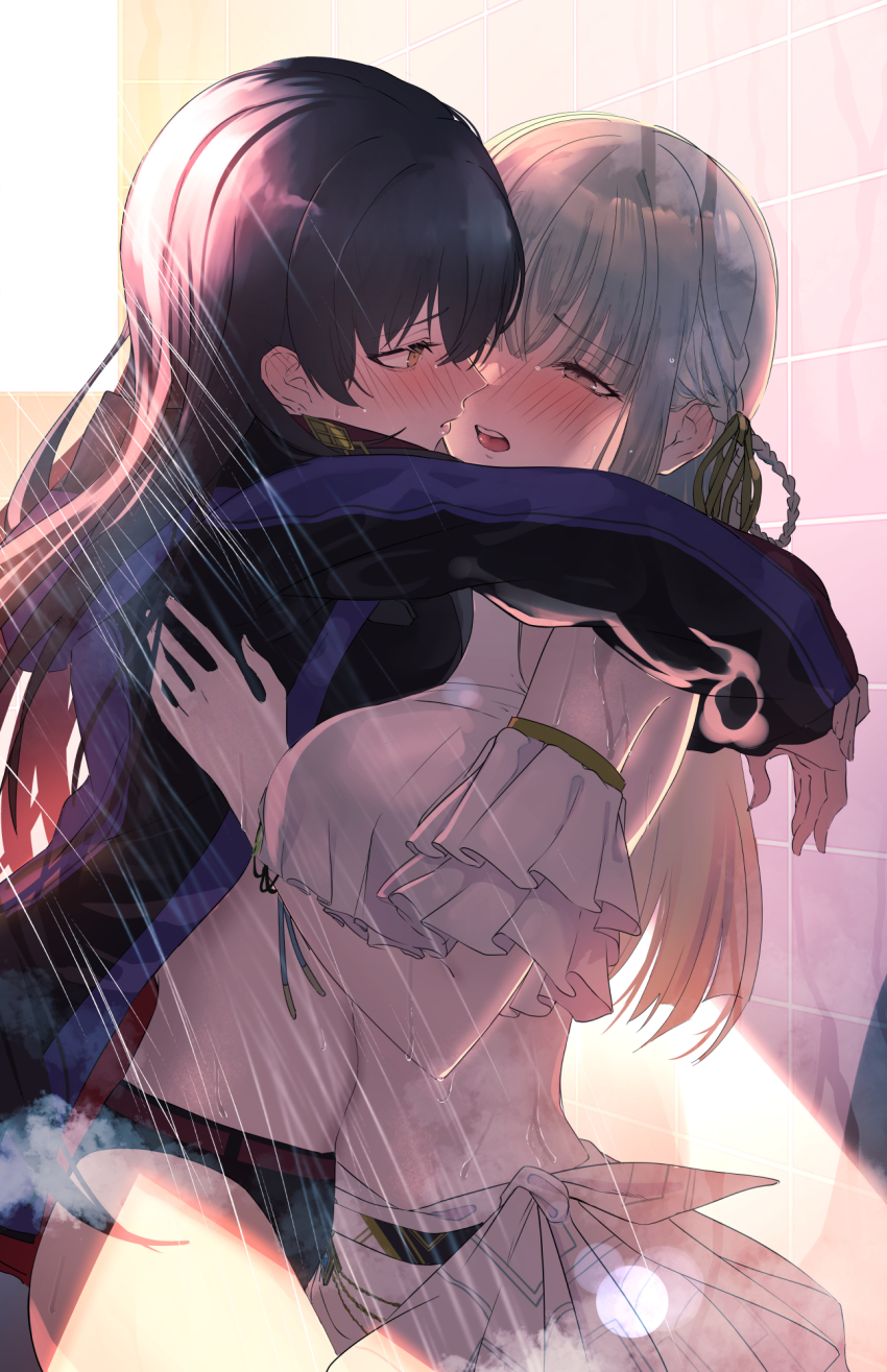 2girls, arms_around_neck, bikini, black_bikini, black_hair, blue_jacket, blush, brown_eyes