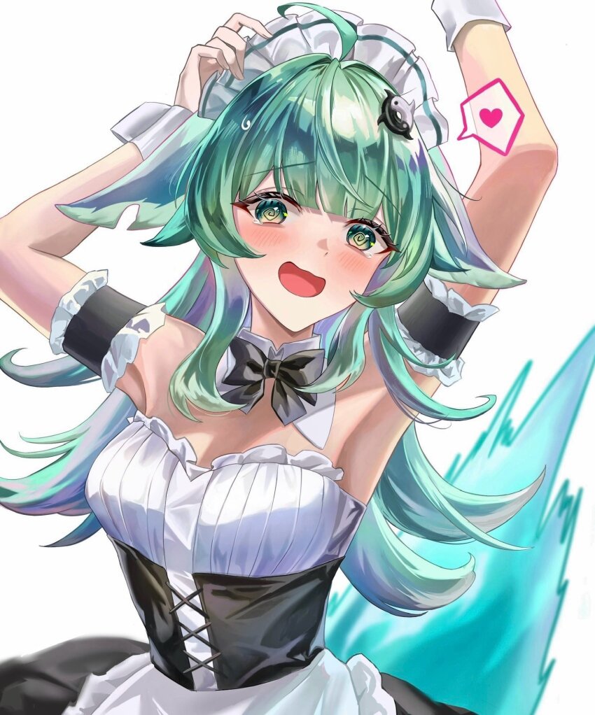 1girl, @_@, ahoge, alternate_costume, armpits, arms_up, bare_shoulders, black_bow