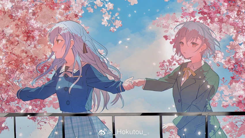 absurdres, bang_dream!, bang_dream!_it's_mygo!!!!!, blazer, blue_hair, blue_shirt, blush, cherry_blossoms, chinese_commentary, collared_shirt, commentary_request, dress_shirt, falling_petals, green_jacket, grey_hair, grey_neckerchief, hair_between_eyes, highres, hokutou, holding_hands, jacket, long_hair, long_sleeves, neck_ribbon, neckerchief, open_mouth, outdoors, petals, plaid_clothes, plaid_skirt, pleated_skirt, railing, ribbon, school_uniform, shirt, short_hair, sidelocks, skirt, takamatsu_tomori, togawa_sakiko, tsukinomori_school_uniform, twitter_username, unmoving_pattern, watermark, weibo_watermark, yellow_eyes, yellow_ribbon