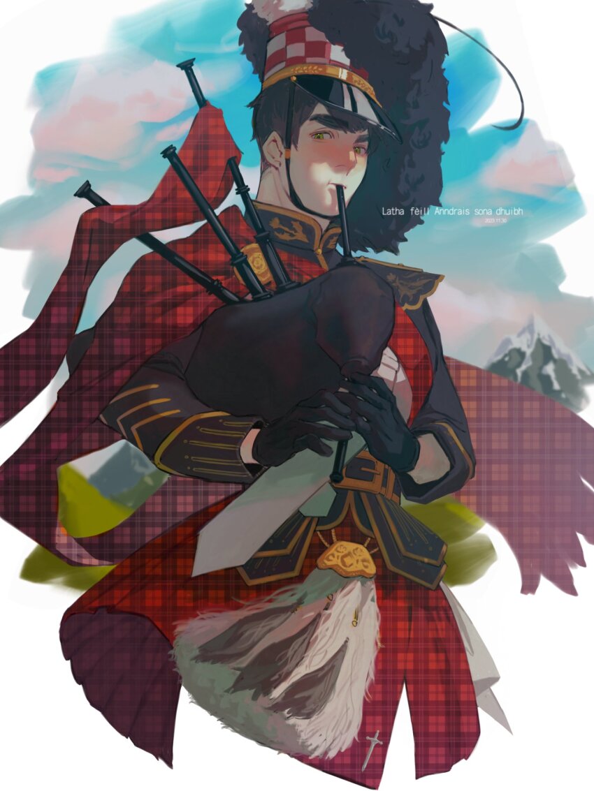 1boy, axis_powers_hetalia, bagpipes, band_uniform, black_gloves, black_jacket, blue_sky, blush