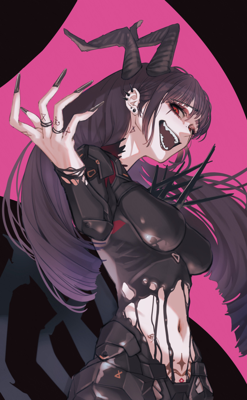 1girl, armor, behemoth_(nikke), black_armor, black_bodysuit, black_hair, black_horns, black_lips