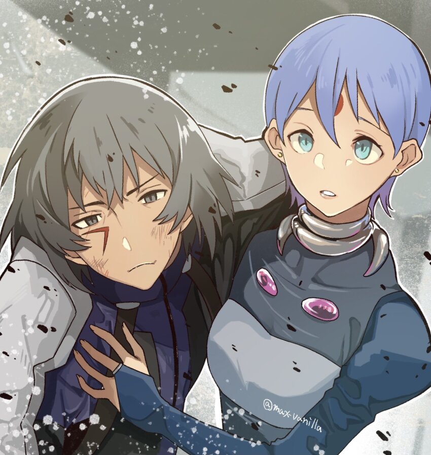 1boy, 1girl, black_hair, blue_eyes, blue_hair, bodysuit, highres, raven_(zoids)