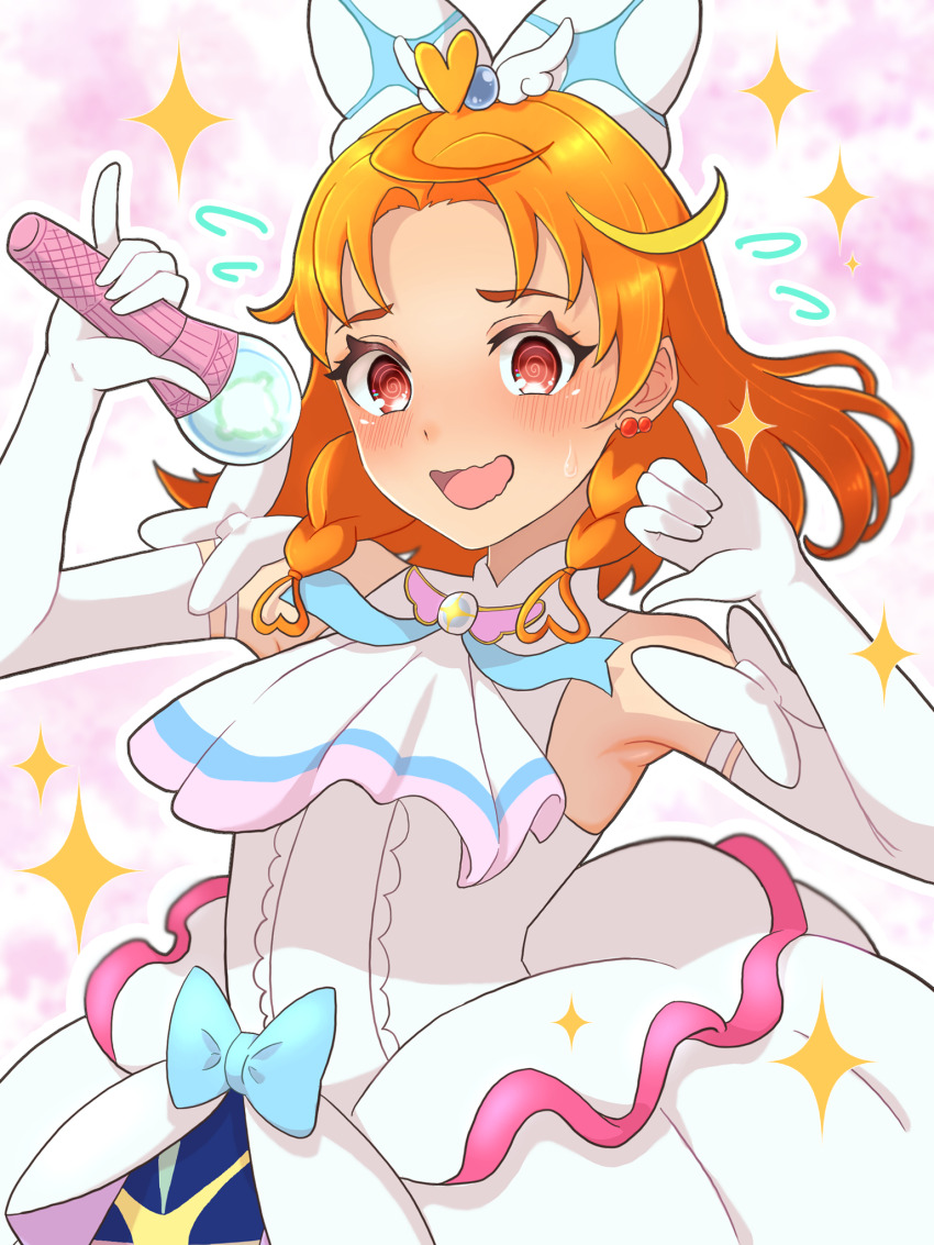 1boy, alternate_costume, alternate_hairstyle, blush, bow, commentary_request, cosplay, crossdressing, crossdressing_(mtf), cure_prism, cure_prism_(cosplay), cure_wing, dress, earrings, elbow_gloves, embarrassed, ewo_kakuo, eyelashes, gloves, hair_bow, hair_ornament, highres, hirogaru_sky!_precure, jewelry, looking_at_viewer, magical_boy, medium_hair, orange_hair, precure, red_eyes, solo, standing, white_bow, white_dress, white_gloves, yuunagi_tsubasa