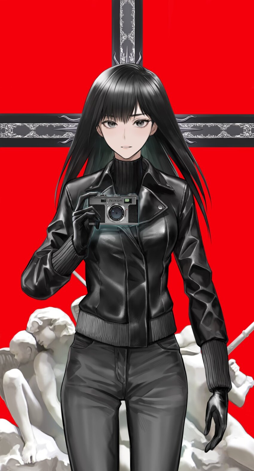 1girl, black_eyes, black_gloves, black_hair, black_jacket, black_pants, camera, commentary