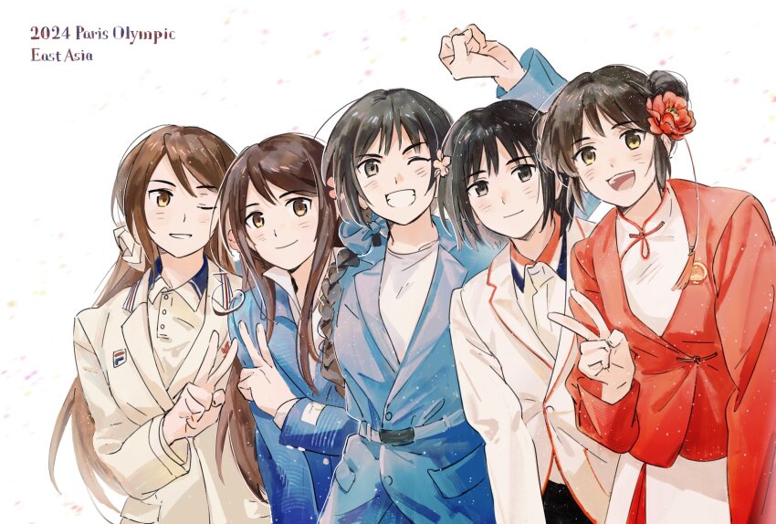 5girls, axis_powers_hetalia, black_hair, blush, braid, braided_ponytail, brown_eyes, brown_hair
