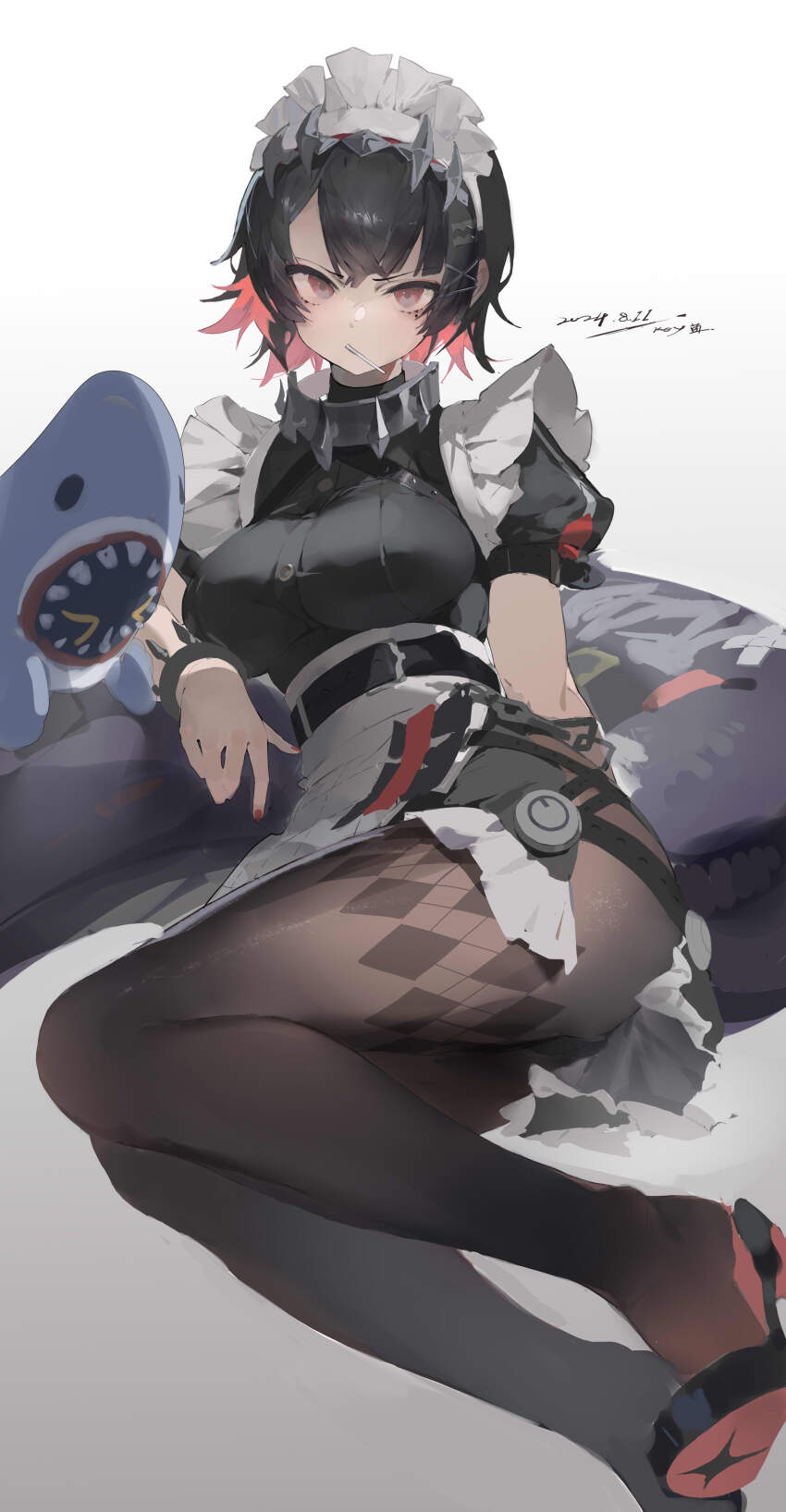 1girl, absurdres, bangboo_(zenless_zone_zero), black_hair, breasts, colored_inner_hair, ellen_joe, gradient_background, grey_background, highres, key_jun, looking_at_viewer, maid, maid_headdress, medium_breasts, multicolored_hair, pantyhose, pink_hair, purple_eyes, shoes, short_hair, thighs, white_background, zenless_zone_zero