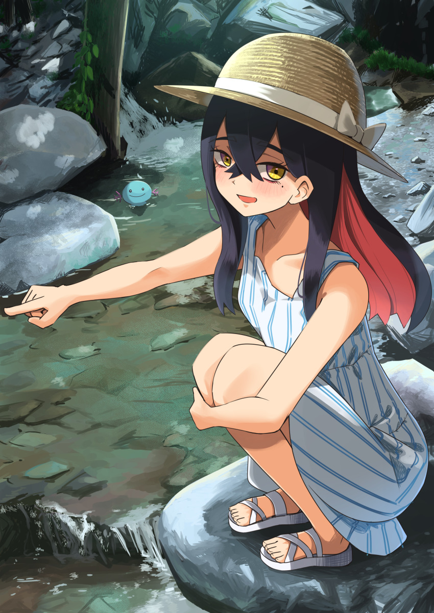 1girl, absurdres, black_hair, blue_dress, blush, bow, carmine_(pokemon), collarbone