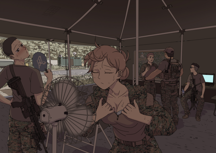 1girl, 4boys, baseball_cap, black_hair, black_shirt, blonde_hair, bottle, breasts, brown_hair, brown_hat, camouflage, camouflage_shirt, chair, cleavage, closed_eyes, collarbone, computer, electric_fan, etmc1992, facing_object, gun, gun_on_back, hair_bun, hand_fan, hat, highres, holding, holding_bottle, holding_fan, hot, laptop, load_bearing_vest, long_sleeves, looking_at_another, military_combat_uniform, military_uniform, multiple_boys, on_chair, original, rifle, shirt, short_sleeves, single_hair_bun, sitting, soldier, standing, sweat, t-shirt, tactical_clothes, tent, undercut, united_states_marine_corps, water_bottle, weapon, weapon_on_back, zipper