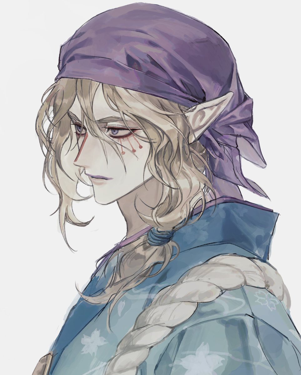 1boy, bandana, blonde_hair, blue_eyes, blue_kimono, chhiii_o_o, closed_mouth, eyeliner