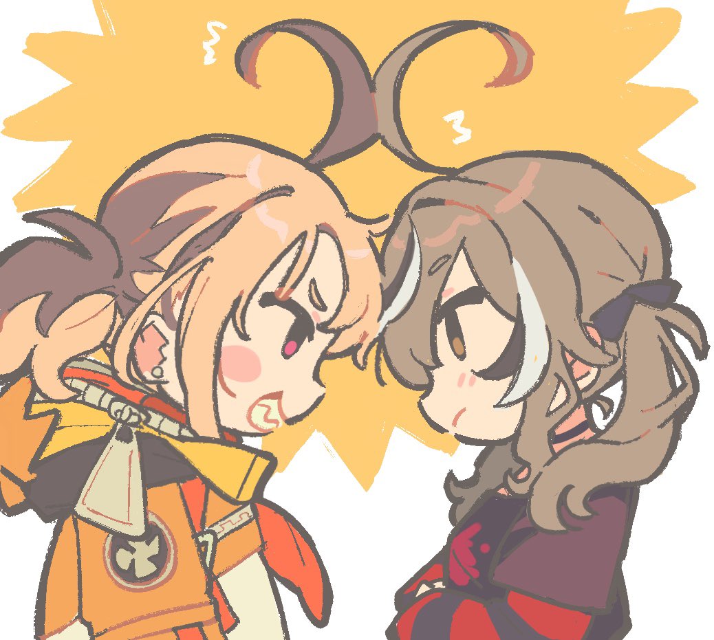 2girls, ahoge, ahoges_touching, black_choker, black_shirt, black_sweater, brown_eyes, brown_hair