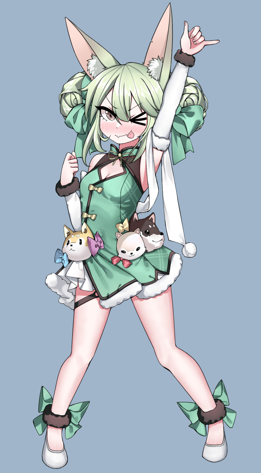 1girl, ;p, animal_ear_fluff, animal_ears, art556_(girls'_frontline), art556_(white_cabbage)_(girls'_frontline), bare_legs, bare_shoulders, bow, breasts, china_dress, chinese_clothes, cleavage_cutout, clothing_cutout, detached_sleeves, double_bun, dress, fang, full_body, girls'_frontline, green_bow, green_dress, green_hair, hair_bun, highres, official_alternate_costume, one_eye_closed, rifnets_(dtiko), skin_fang, solo, stuffed_animal, stuffed_toy, tongue, tongue_out, white_footwear