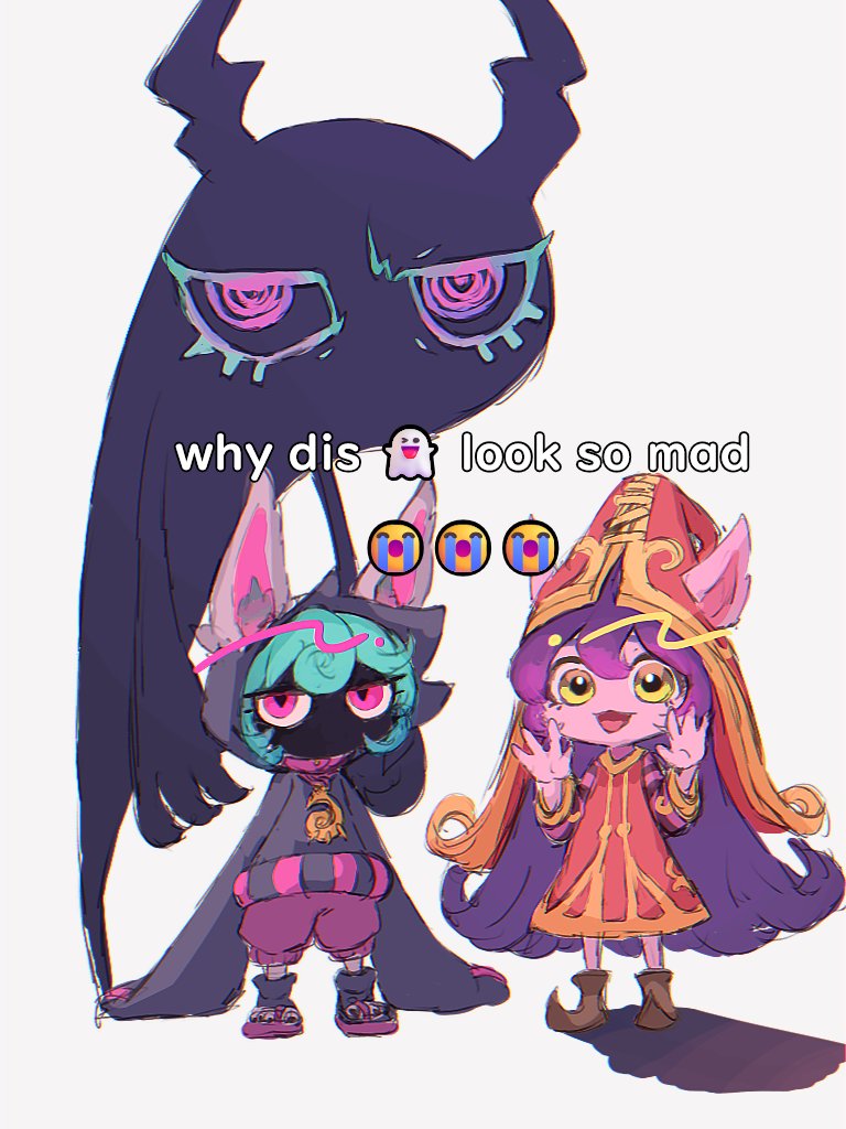 2girls, animal_ear_fluff, black_hoodie, brown_footwear, colored_skin, dress, ears_through_headwear, english_text, green_hair, hands_up, hat, hood, hood_up, hoodie, karu_monu_fu, league_of_legends, long_hair, lulu_(league_of_legends), meme, multiple_girls, pants, pink_eyes, pink_pants, pink_skin, purple_hair, red_dress, red_hat, short_hair, simple_background, very_long_hair, vex_(league_of_legends), vex_shadow_(league_of_legends), white_background, why_dis_ninja_look_so_mad_(meme)