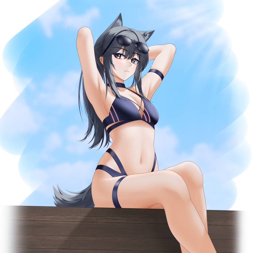 1girl, absurdres, alter_kamerade, alternate_costume, animal_ear_piercing, animal_ears, arknights, arm_strap