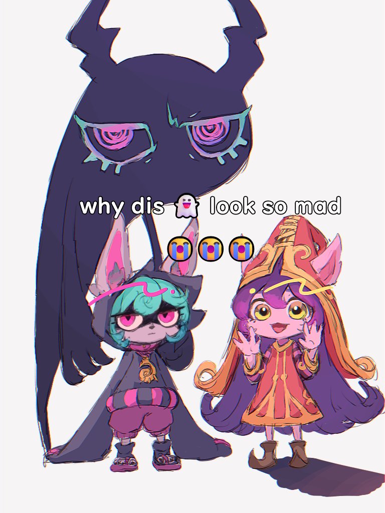 2girls, animal_ear_fluff, black_hoodie, brown_footwear, colored_skin, dress, ears_through_headwear, english_text, green_hair, hands_up, hat, hood, hood_up, hoodie, karu_monu_fu, league_of_legends, long_hair, lulu_(league_of_legends), meme, multiple_girls, pants, pink_eyes, pink_pants, pink_skin, purple_hair, red_dress, red_hat, short_hair, simple_background, very_long_hair, vex_(league_of_legends), vex_shadow_(league_of_legends), white_background, why_dis_ninja_look_so_mad_(meme)