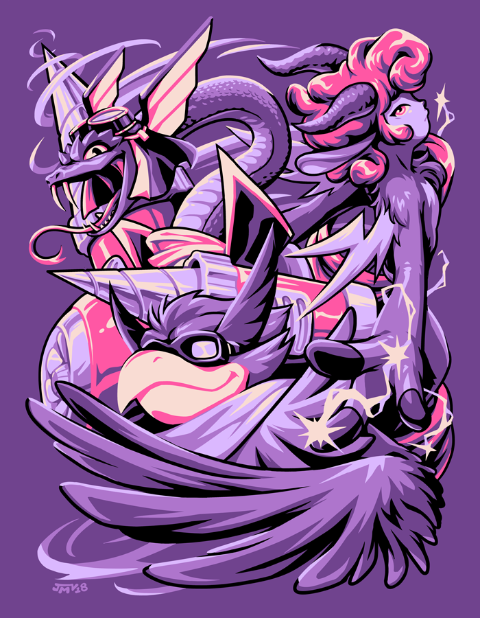 absa_(rivals_of_aether), bird, colored_skin, commentary, drill, elliana_(rivals_of_aether), english_commentary, furry, goggles, goggles_on_head, horns, jmanvelez, pink_hair, purple_background, purple_skin, purple_theme, rivals_of_aether, tongue, tongue_out, turbine, wings, wrastor_(rivals_of_aether)