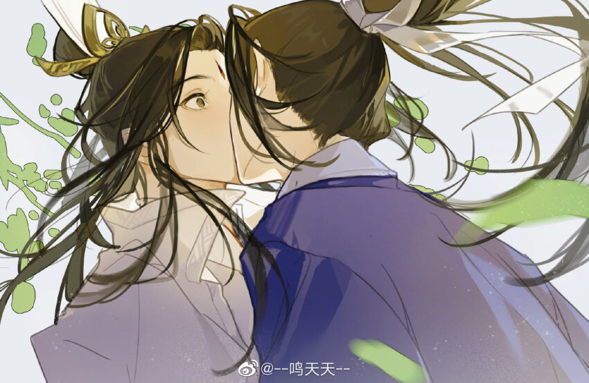 2boys, bishounen, blue_background, blue_hanfu, brown_hair, character_request, chinese_clothes, chinese_commentary