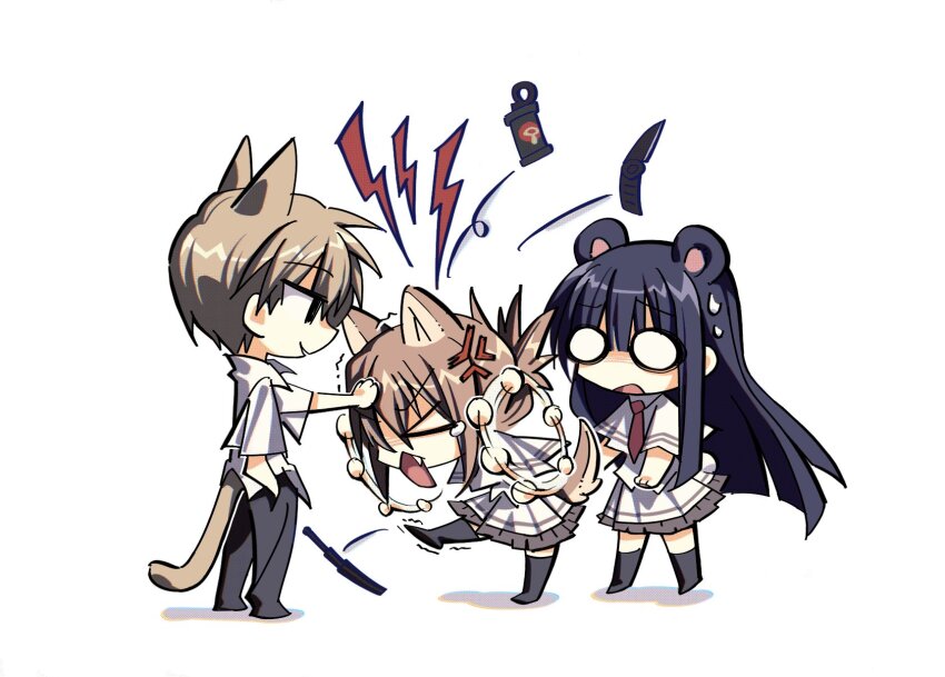 >_<, 1boy, 2girls, anger_vein, angry, animal_ears, black_hair, black_thighhighs, blunt_bangs, blunt_ends, brown_hair, capelet, cat_boy, cat_ears, cat_girl, cat_tail, chejian_feixing, chibi, chibi_only, chinese_commentary, commentary_request, eyes_visible_through_hair, facing_another, fang, fighting, folded_ponytail, frilled_skirt, frills, frown, full_body, hand_in_pocket, highres, hime_cut, kemonomimi_mode, knife, long_hair, looking_at_another, mamiya_takuji, medium_hair, miniskirt, mouse_ears, multiple_girls, necktie, o_o, open_mouth, profile, red_necktie, school_uniform, shirt, short_hair, short_sleeves, sidelocks, simple_background, skirt, smirk, standing, standing_on_one_leg, subarashiki_hibi, sweatdrop, tachibana_kimika, tail, takashima_zakuro, thighhighs, trembling, very_long_hair, white_background, white_capelet, white_shirt, white_skirt, zettai_ryouiki