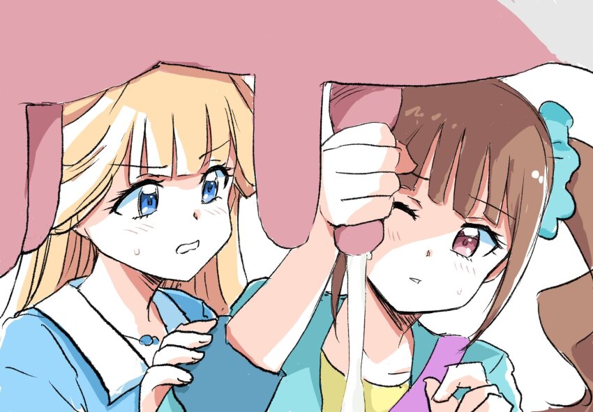 2girls, aqua_scrunchie, bead_necklace, beads, blonde_hair, blue_eyes, brown_hair, cow