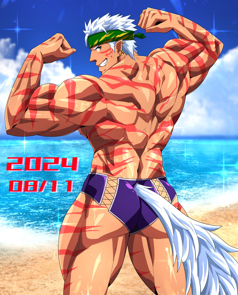 1boy, ass, bara, beach, biceps, blue_sky, cloud, cloudy_sky