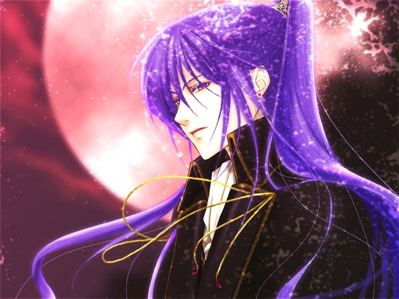 1boy, colored_eyelashes, eyelashes, full_moon, kamui_gakupo, long_hair, male_focus, moon, night, ponytail, purple_eyes, purple_hair, red_moon, red_sky, sky, solo, vocaloid, yuzelhu