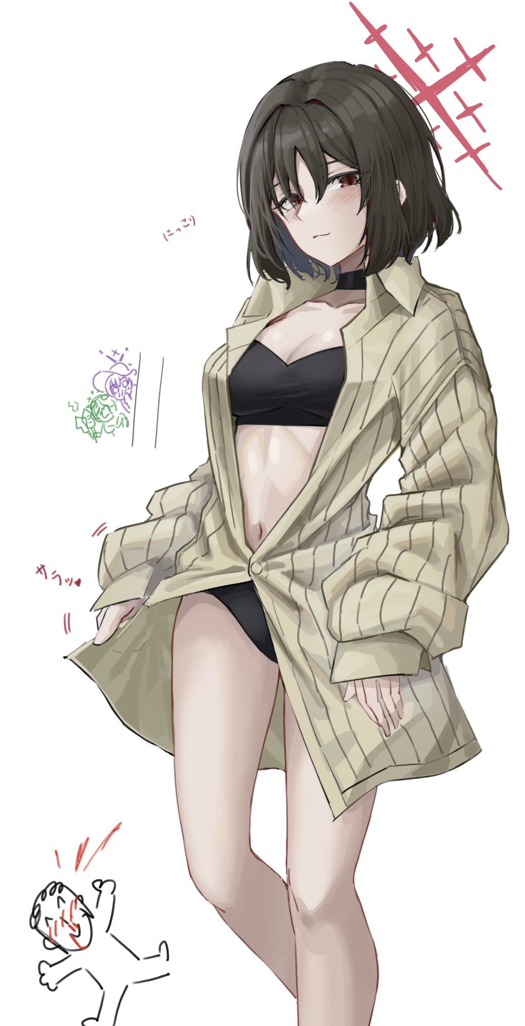 1boy, 3girls, atsuko_(blue_archive), atsuko_(swimsuit)_(blue_archive), bandeau, bikini, bikini_under_clothes, black_bandeau