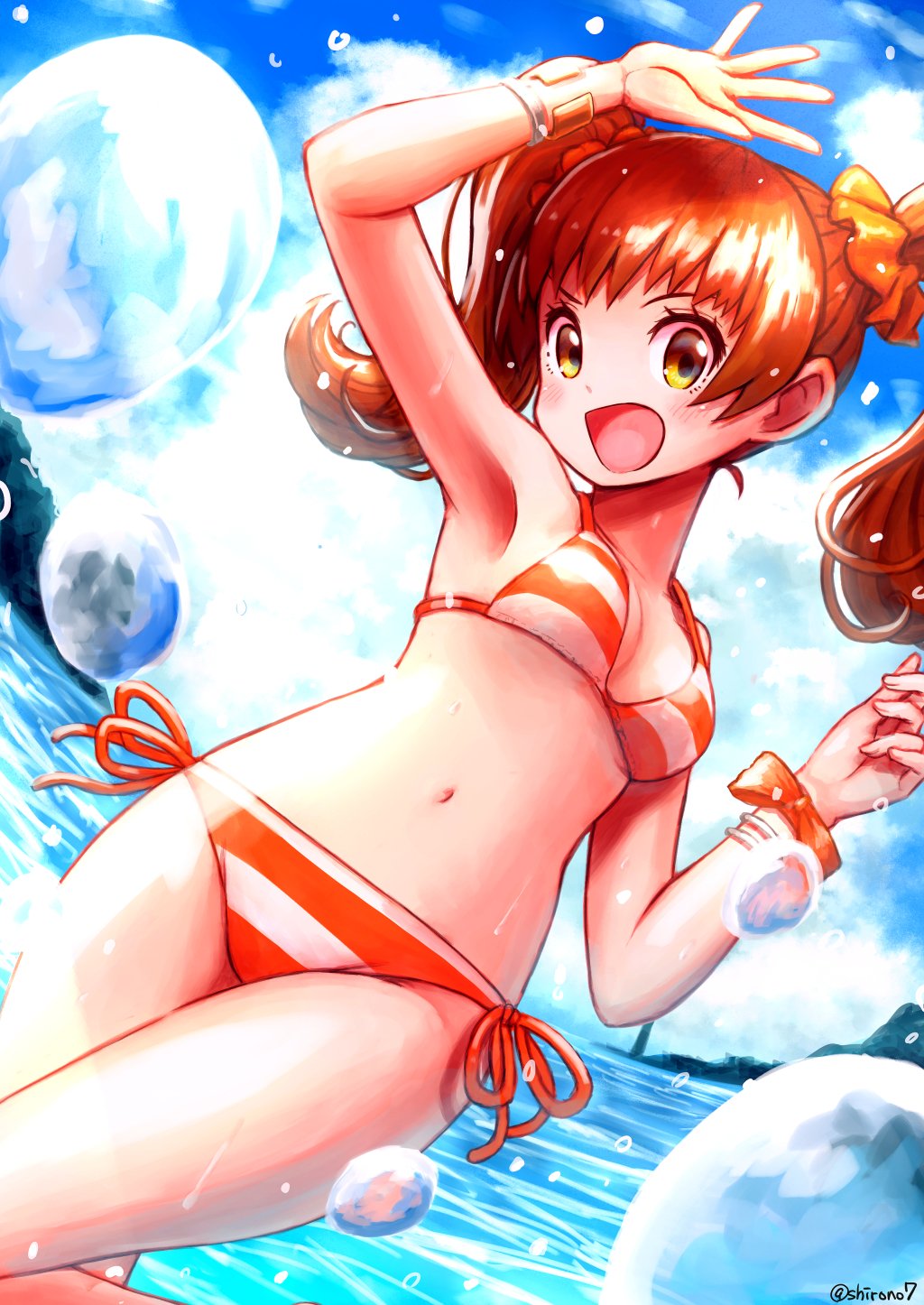 1girl, :d, alternate_costume, arm_up, armpits, bikini, blue_sky, blush