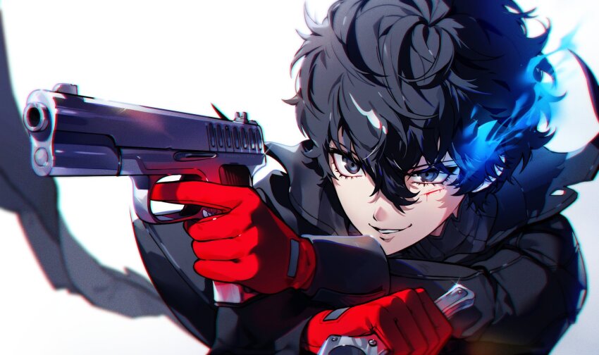 1boy, aiming, amamiya_ren, black_coat, black_eyes, black_hair, blood, blue_fire