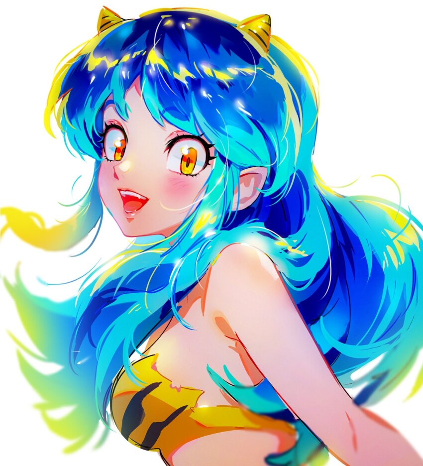 1girl, animal_print, bare_shoulders, bikini, blue_hair, blush, close-up, cone_horns, fangs, highres, horns, long_hair, lum, oni, open_mouth, pointy_ears, sidelocks, small_horns, smile, strapless, strapless_bikini, swimsuit, themoonrabbit, tiger_print, urusei_yatsura, yellow_bikini, yellow_eyes, yellow_horns