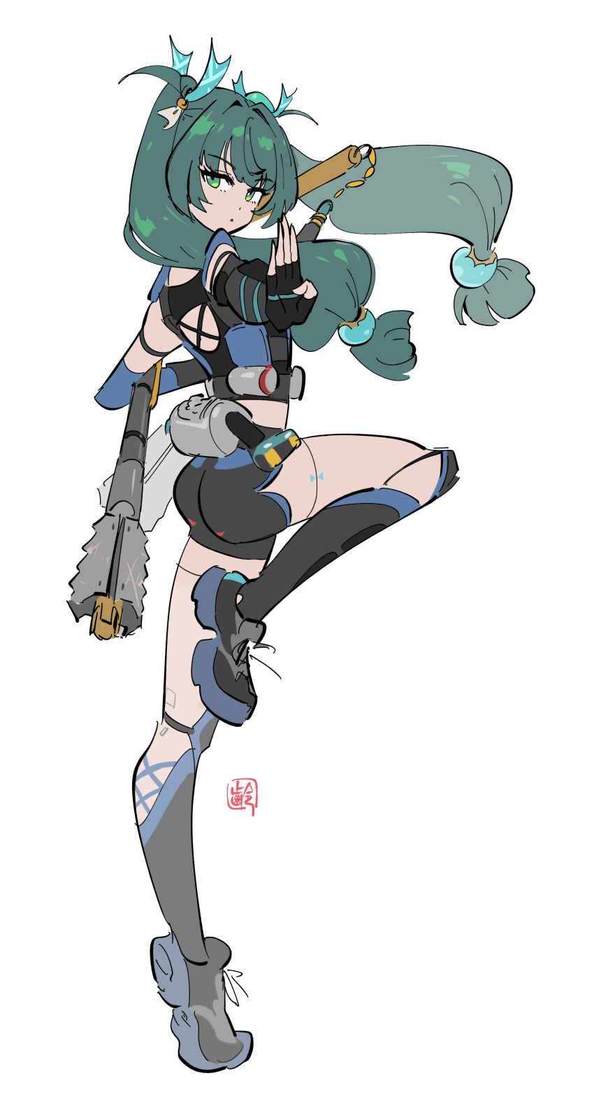 1girl, absurdres, android, ass, black_gloves, black_shoes, black_shorts, commentary