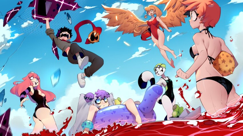 1girl, ass, bellboy_(freaked_fleapit), bikini, black_bikini, black_one-piece_swimsuit, breasts, cleavage