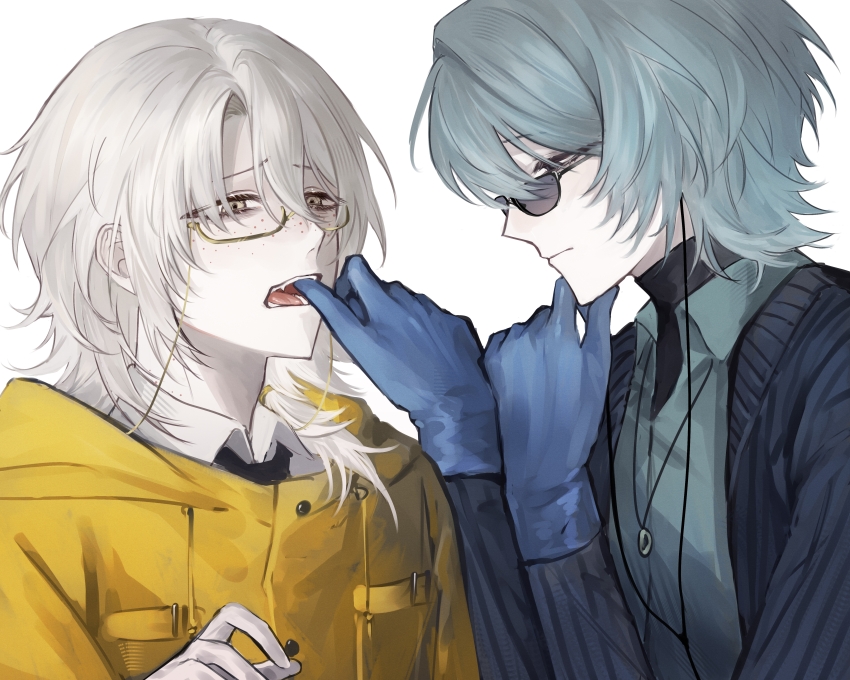 2boys, absurdres, bai_ling_(touqi_guaitan), black_eyes, black_jacket, black_necktie, blue_gloves, blue_hair